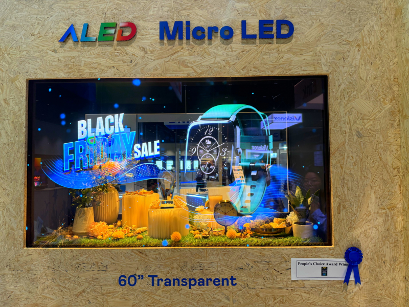 友達60吋高透明度Micro LED顯示器獲「最佳Micro LED技術應用獎」，將Micro LED面板透明化之設計特性極致發揮，以可擴展性無縫拼接技術打造，具備600 nits全畫面亮度、大於60%穿透率及超過NTSC 110%的優異廣色域表現，可依需求靈活應用於各種場域